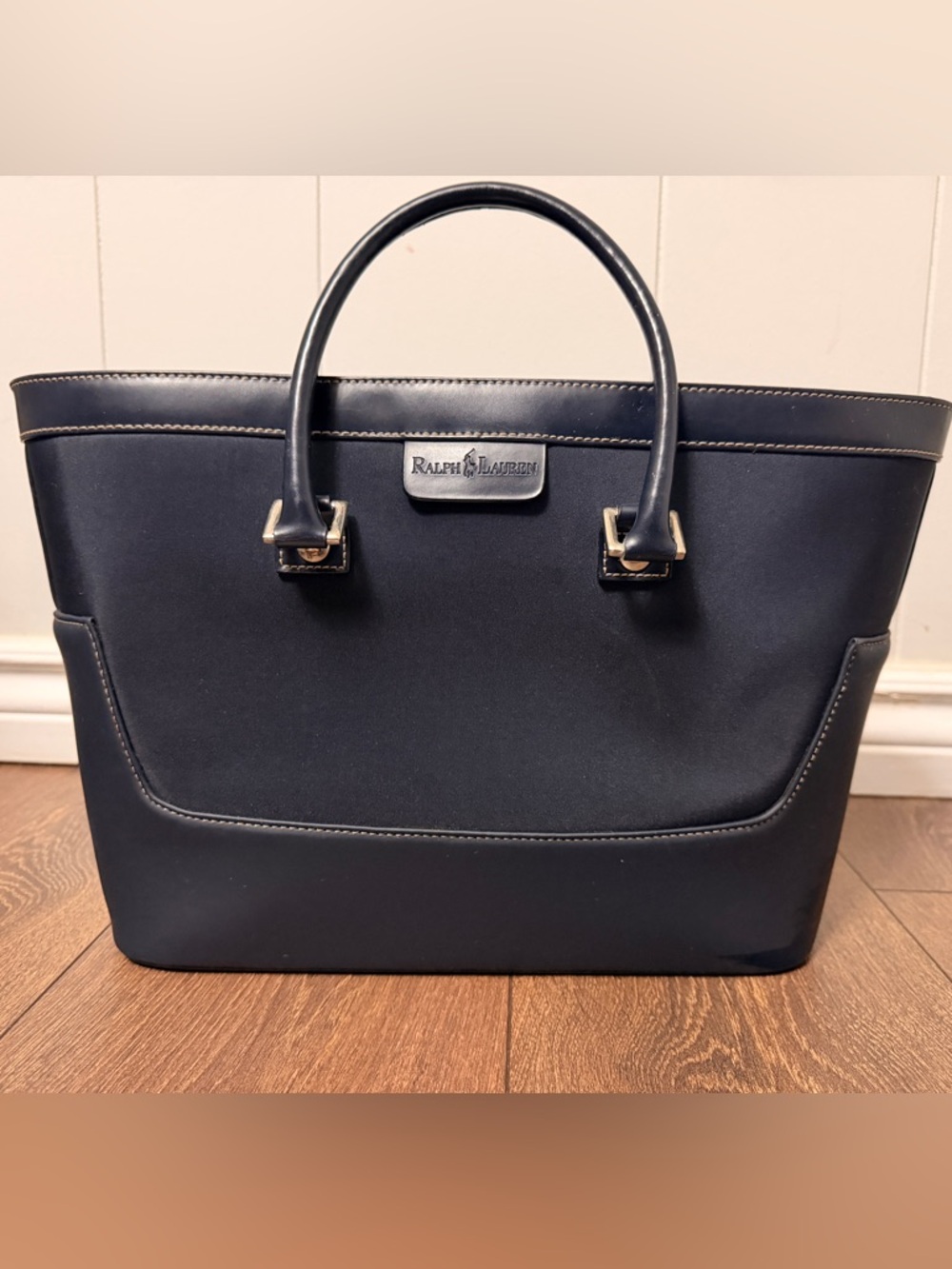 Ralph Lauren Navy Leather Satchel with Gold-Tone Hardware And Faux Leather